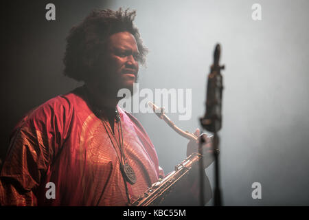 Le saxophoniste américain et musicien de jazz kamasi washington effectue un concert live at the Spanish music festival Primavera Sound 2016 à Barcelone. En Espagne, 02/06 2016. Banque D'Images