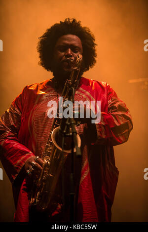 Le saxophoniste américain et musicien de jazz kamasi washington effectue un concert live at the Spanish music festival Primavera Sound 2016 à Barcelone. En Espagne, 02/06 2016. Banque D'Images