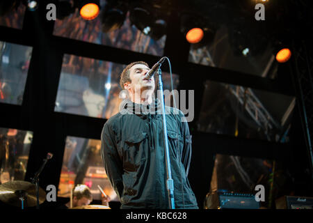 Le chanteur, compositeur et musicien anglais Liam Gallagher interprète un concert en direct pendant le festival de musique norvégien Bergenfest 2017 à Bergen. Liam Gallagher est connu comme le chanteur principal du groupe de rock anglais Oasis. Norvège, 14/06 2017. Banque D'Images