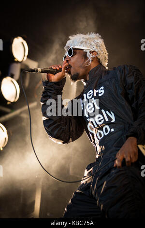 Le duo OutKast rap américain effectue un concert live au festival de musique norvégienne Øyafestivalen 2014. Le groupe basé à Atlanta, composé des deux rappeurs André 3000 (photo) et Big Boi. La Norvège, 07.08.2014. Banque D'Images