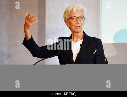 Christine Legarde la Directrice générale du Fonds monétaire international, lors de son allocution à la conférence « Independence 20 Years on » de la Banque d'Angleterre, qui marque deux décennies d'indépendance opérationnelle par rapport au gouvernement britannique, au Fishmongers Hall de la City de Londres. Banque D'Images