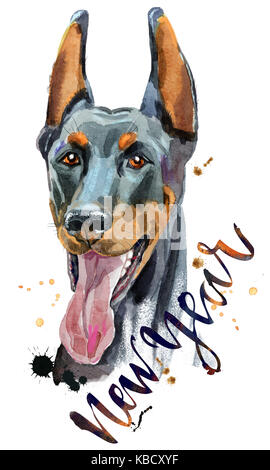 Mignon chien. chien t-shirt graphiques. aquarelle doberman illustration avec l'inscription nouvelle année Banque D'Images
