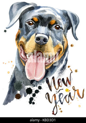 Mignon chien. chien t-shirt graphiques. aquarelle de rottweiler avec l'inscription nouvelle année Banque D'Images