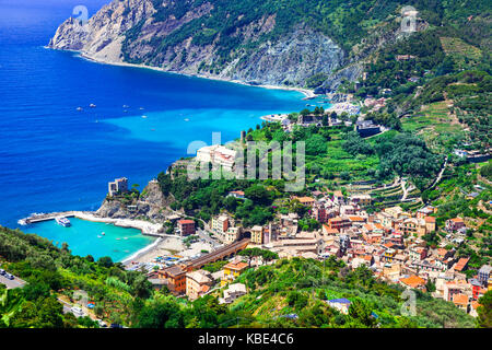 Belle Monterosso al Mare, Cinque Terre Ligurie,vue panoramique,.Italie. Banque D'Images