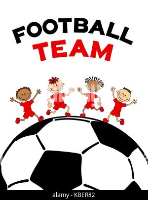 Poster enfants enfant garçons sur la télévision soccerball. vector illustration avec texte lettrage football Illustration de Vecteur