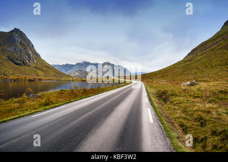 Forte d'asphalte de la route courbe le long de la forêt et montagne, les îles Lofoten, Norvège Banque D'Images