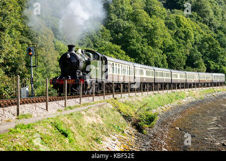 Départ en train à vapeur sur la Kingswear Dartmouth Steam Railway, tiré par GWR 2-8-0T No 4277 Hercules. Banque D'Images