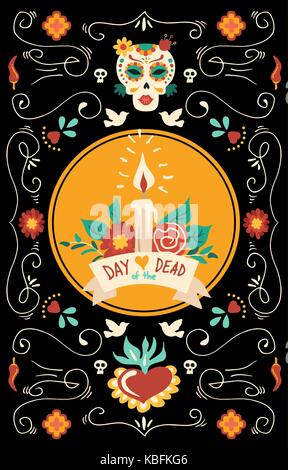 Le Jour des morts avec l'illustration de l'affiche une décoration de style tatouage traditionnel mexicain. Comprend l'hand drawn crâne en sucre et fleurs. eps10 vector. Illustration de Vecteur