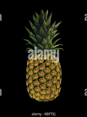 Fruits ananas jaune brodé. mode broderie impression décoration couture texture patch. tropic vector illustration sur fond noir Illustration de Vecteur