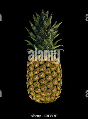 Fruits ananas jaune brodé. mode broderie impression décoration couture texture patch. tropic vector illustration sur fond noir Illustration de Vecteur