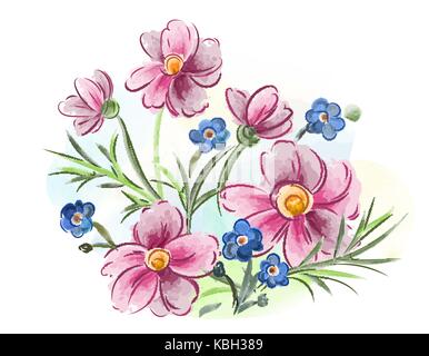 Aquarelle fleurs violettes et pansy et les feuilles on meadow Illustration de Vecteur