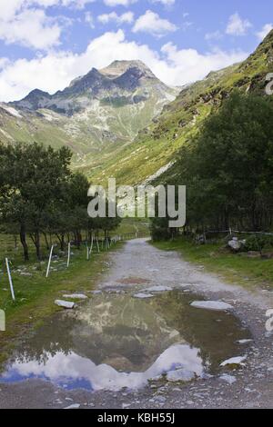 Urbino, Italie - 21 août 2014 : chemin de montagne à Urbino vallée à l'été, avec la réflexion de montagne dans la flaque et glacier et dans le background Banque D'Images