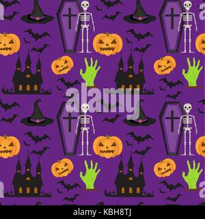 Motif transparente halloween effrayant. répétant avec texture Coffin, château, pumpkin. arrière-plan sans fin. vector illustration. Illustration de Vecteur
