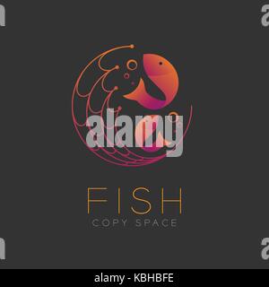 Symbole de poisson d'icône et de filet de pêche, bulle d'air orange dégradé violet set design couleur illustration isolé sur fond sombre avec des poissons texte et copiez Illustration de Vecteur