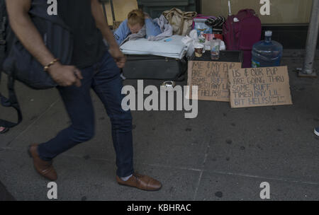 Femme sans-abri et son chien s'est écrasé sur le trottoir avec signe de demander de l'aide. La ville de New York. Banque D'Images