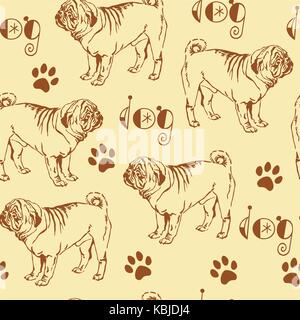 Motif transparente avec contour décoratif pug chien marron sur fond beige Illustration de Vecteur