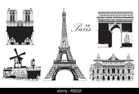 Ensemble de monuments de Paris (Tour Eiffel, Arc de Triomphe, la cathédrale Notre dame, moulin rouge, de l'opéra Garnier). vector illustration dessin à la main en noir Illustration de Vecteur