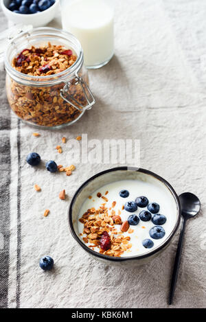 Yaourts aux myrtilles et le muesli dans un bol. vertical high angle view. une alimentation saine, régime alimentaire de collations santé fitness sport meal Banque D'Images