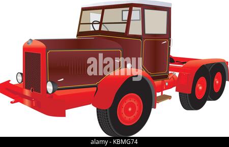 Une illustration d'un scénario détaillé vintage rouge lourd et bordeaux six wheeler avec doublure jaune camion articulé isolated on white Illustration de Vecteur