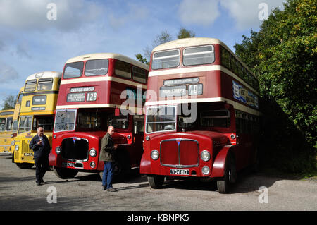 Deux régents AEC Général Devon préservé, ROD 765 et VDV 817, sont vus à l'ouest de l'Angleterre Collection Transport Journée portes ouvertes le 6 octobre 2013. Banque D'Images