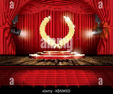 Rideau de scène rouge sièges avec des projecteurs, et couronne de laurier d'or. vector illustration. théâtre, opéra cinéma ou de scène. Illustration de Vecteur