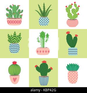 Cactus et plantes succulentes en pot. illustration ensemble de main tiré de cactus et succulentes de plus en plus mignons petits pots. Illustration de Vecteur