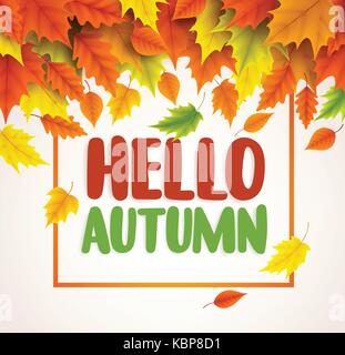 Bonjour automne vector design de bannières. texte Bonjour pour la saison d'automne avec des collections de feuilles d'érable jaune et orange tomber en arrière-plan blanc. Illustration de Vecteur