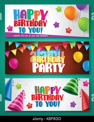 Joyeux anniversaire vector banner conçoit ensemble avec des éléments colorés comme des ballons et des chapeaux d'anniversaire pour l'anniversaire ou invitations. vector illustration Illustration de Vecteur