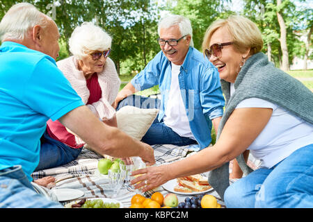 Groupe d'aînés joyeuse having picnic à sunny Green Park : ils bavarder avec animation avec les autres et d'apprécier l'air frais Banque D'Images