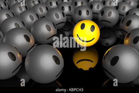 L'un est différent, un smiley jaune qui sourit dans une foule de malheureux smileys, rendu 3D Banque D'Images