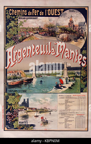 Affiche Ouest Argenteuil Mantes est une affiche française annonçant des services de voyage ou de transport vers les villes d'Argenteuil et Mantes. L'affiche reflète la conception graphique française du début du XXe siècle et les promotions des transports publics. Banque D'Images