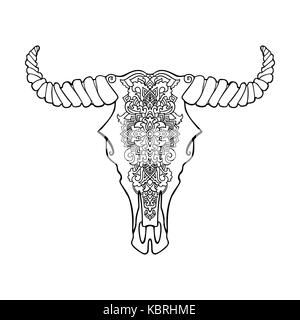 Style tatouage mandala dead cow head ornement décoratif. crâne de buffle. Native Art indien illustration noir et blanc. croquis ethniques tribal style Boho. design pattern. Banque D'Images