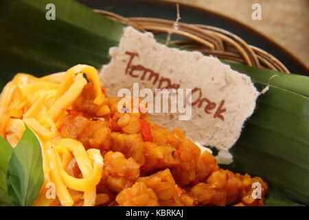 Nasi kucing tempe orek javanais. petite partie plat avec riz sauté épicé le tempeh topping. Banque D'Images