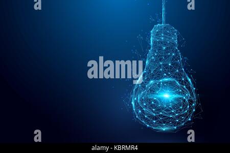Cerveau dans une ampoule à partir de lignes et de triangles, point de la connexion réseau sur fond bleu. vector illustration Illustration de Vecteur