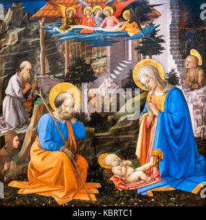 L'Adoration de l'Enfant Jésus avec St Joseph, St Jerome, St Hilarion, St Mary Magdalene et anges par Filippo Lippi (c.1406-1469), tempera sur bois, c.1455 Banque D'Images