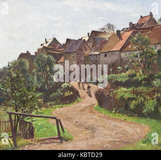 Cette œuvre d'art de Hans Richard von Volkmann met en valeur une vue sur le village de Gerolstein, mettant en valeur ses caractéristiques architecturales et son charme rural. Banque D'Images