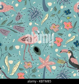 Flamingo, toucan et kiwi oiseau oiseau exotique motif transparent.. vector illustration Illustration de Vecteur