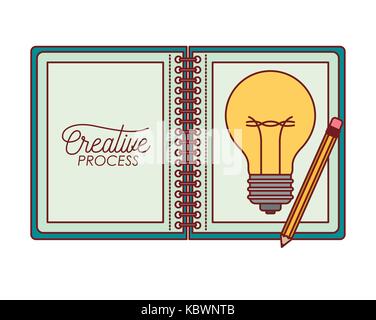 Bloc-notes ouvert avec un dessin en couleur de l'ampoule sur la feuille avec un stylo processus créatif sur fond blanc Illustration de Vecteur