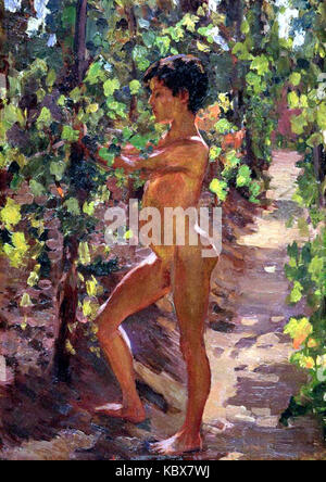 Une étude de l'artiste Susan Watkins datant des environs de 1906, montrant des garçons cueillant des raisins à Capri, capturant la vie rurale et le paysage de l'île. Banque D'Images