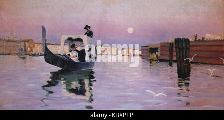 Cette œuvre de Ralph Curtis représente une scène d'individus revenant du Lido, une plage populaire de Venise, en Italie. Il reflète l'intérêt de Curtis pour capturer les activités de loisirs et les paysages au début du XXe siècle. Banque D'Images