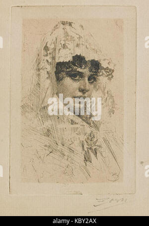 Une gravure intitulée « Spanish Lady » de l'artiste suédois Anders Zorn, créée en 1884. Zorn est réputé pour son utilisation habile de la lumière et de l'ombre dans la capture de portraits et de scènes de la vie quotidienne. Banque D'Images