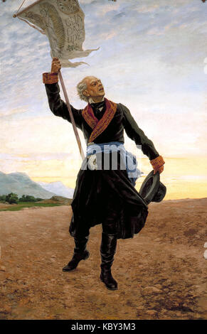 L’image représente Miguel Hidalgo, un personnage clé de la guerre d’indépendance mexicaine, tenant le standard de la rébellion, symbolisant son rôle dans la direction du mouvement pour l’indépendance du Mexique vis-à-vis de l’Espagne. Banque D'Images