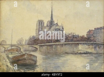 Pelletier P.J. Aquarelle Vue de Notre Dame de Paris depuis les quais 31x45cm Banque D'Images