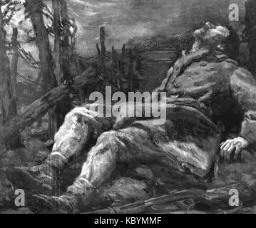 Karel Spillar (1871-1939) est un peintre tchèque connu pour ses représentations réalistes. Cette peinture, intitulée 'Raneny vojin', représente un soldat blessé, reflétant la compétence de Spillar à capturer la profondeur émotionnelle et les thèmes historiques au début du XXe siècle. Banque D'Images