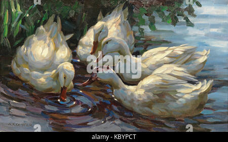 Une peinture d'Alexander Koester intitulée « Vier Enten am Weiher », qui représente quatre canards dans un étang, mettant en valeur le talent de l'artiste à capturer la nature et la faune dans un style réaliste. Banque D'Images