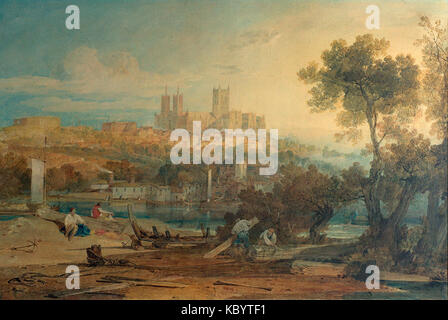 Joseph Mallord William Turner a peint la cathédrale de Lincoln en capturant la grandeur du style architectural gothique et les flèches emblématiques de la cathédrale, un point de repère à Lincoln, en Angleterre. Banque D'Images