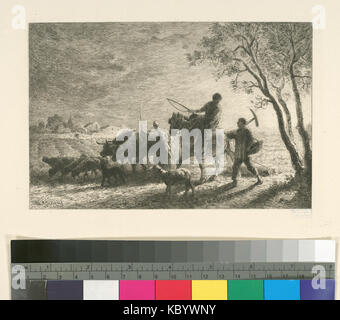 Cette estampe française, « le retour des champs », représente la vie rurale et le retour des travailleurs des champs, soulignant l'importance de l'agriculture dans la France du XIXe siècle. Banque D'Images