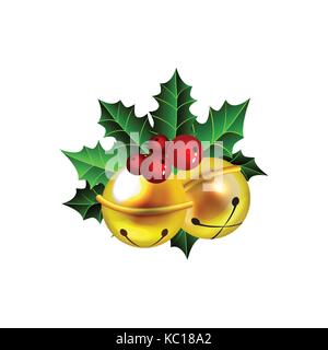 Deux golden Jingle bells avec ruban rouge Illustration de Vecteur