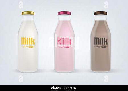 Vector fermé réaliste plein verre bouteille de lait set libre isolé sur fond blanc. Vanille, Fraise et Chocolat, saveur. design modèle pour la publicité, le branding, immersive. eps10. Illustration de Vecteur