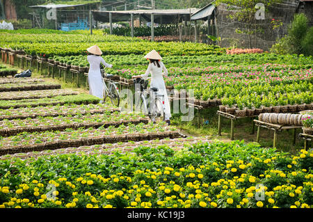 Deux filles de l'école avec l'ao dai (vêtements traditionnels vietnamiens) uniforme dans un jardin à sa dec, Dong Thap, Vietnam. Banque D'Images